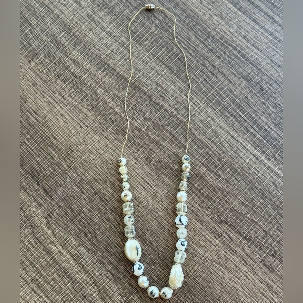 Vintage Art Glass and Faux Pearl Station Cord Necklace with Magnetic Clasp